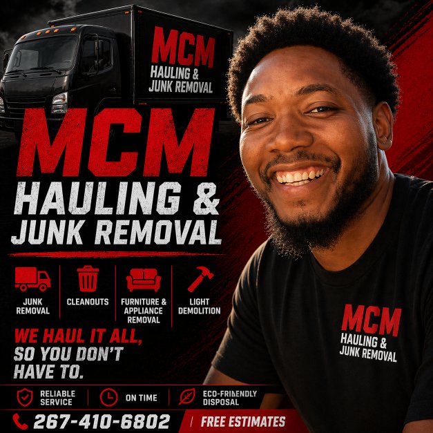 Marcus, owner of MCM Hauling and Junk Removal, beside the MCM truck